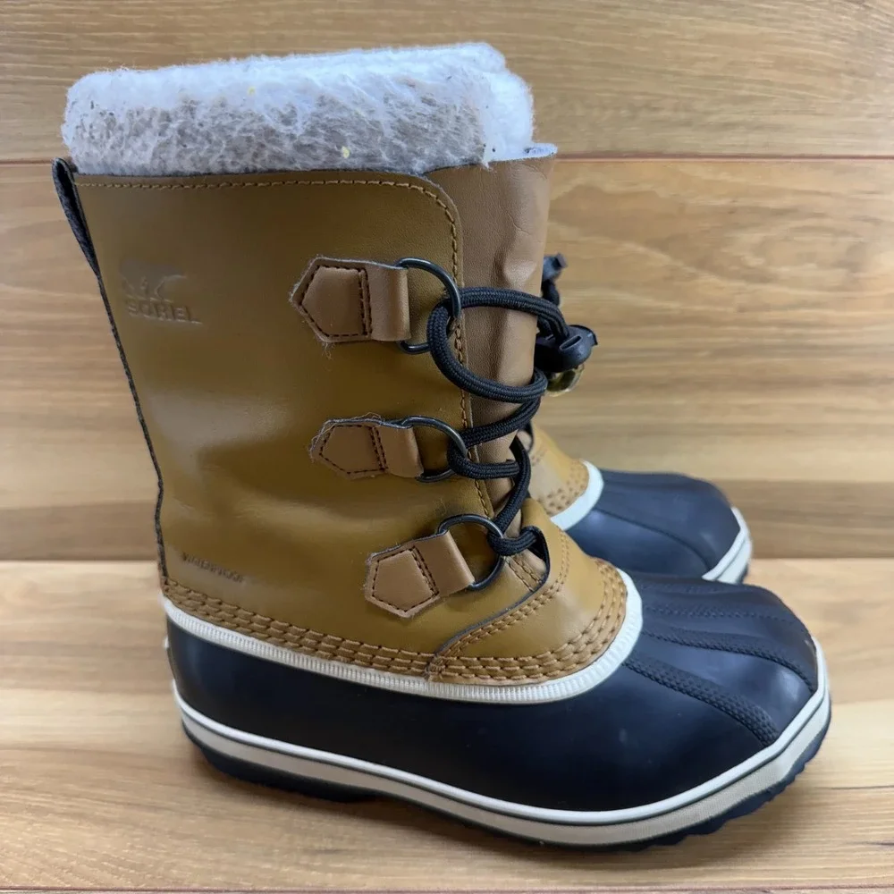 Sorel Yoot Pac Snow Boots Youth Big Kids 2 Tan Black Sherpa Outdoor Insulated